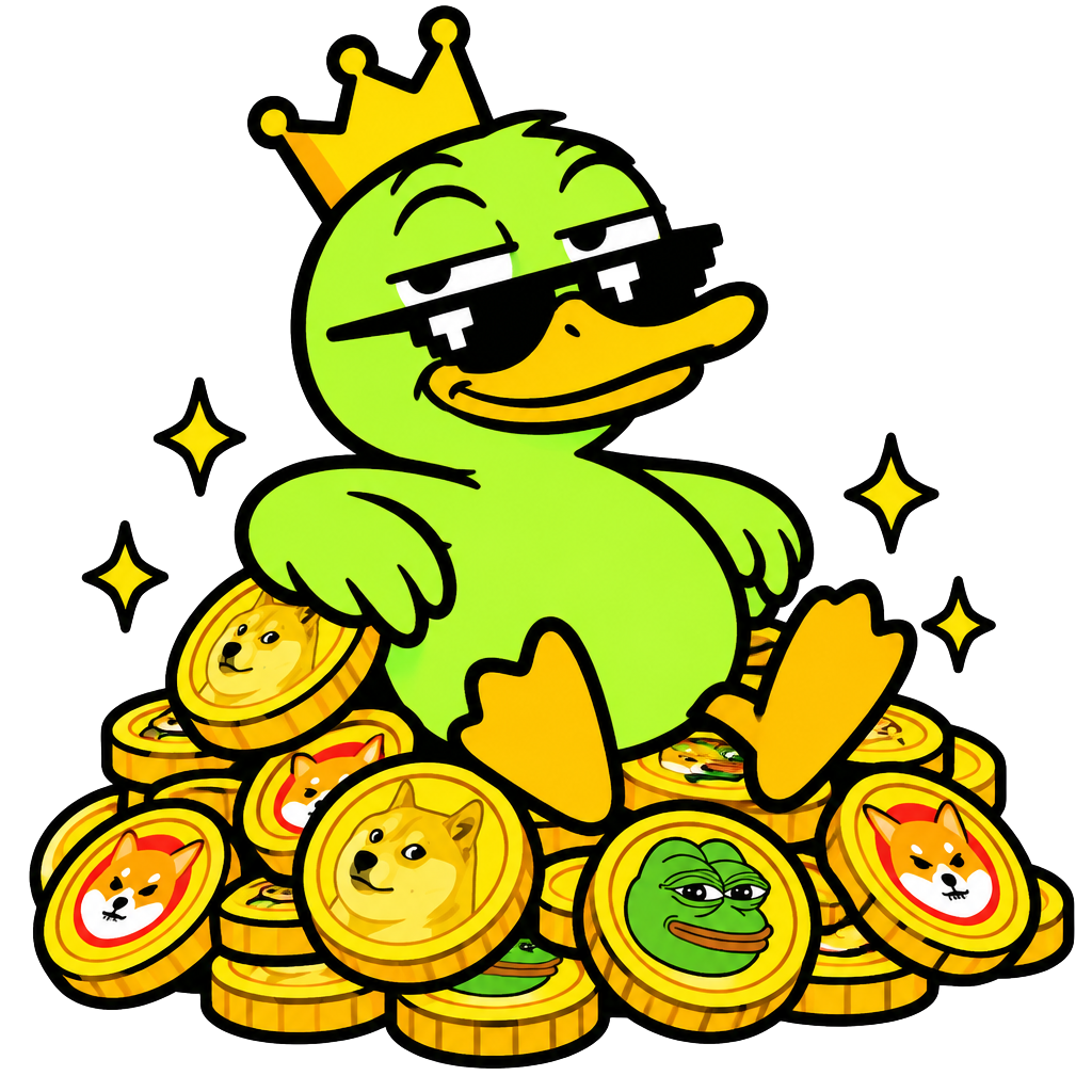 Smug duck sitting on a pile of meme coins
